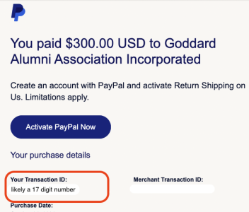 Screenshot of PayPal Transaction ID